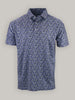 Blue short-sleeve golf polo shirt with intricate abstract pattern. The design features swirling shapes in varying shades, creating a vibrant, dynamic look.