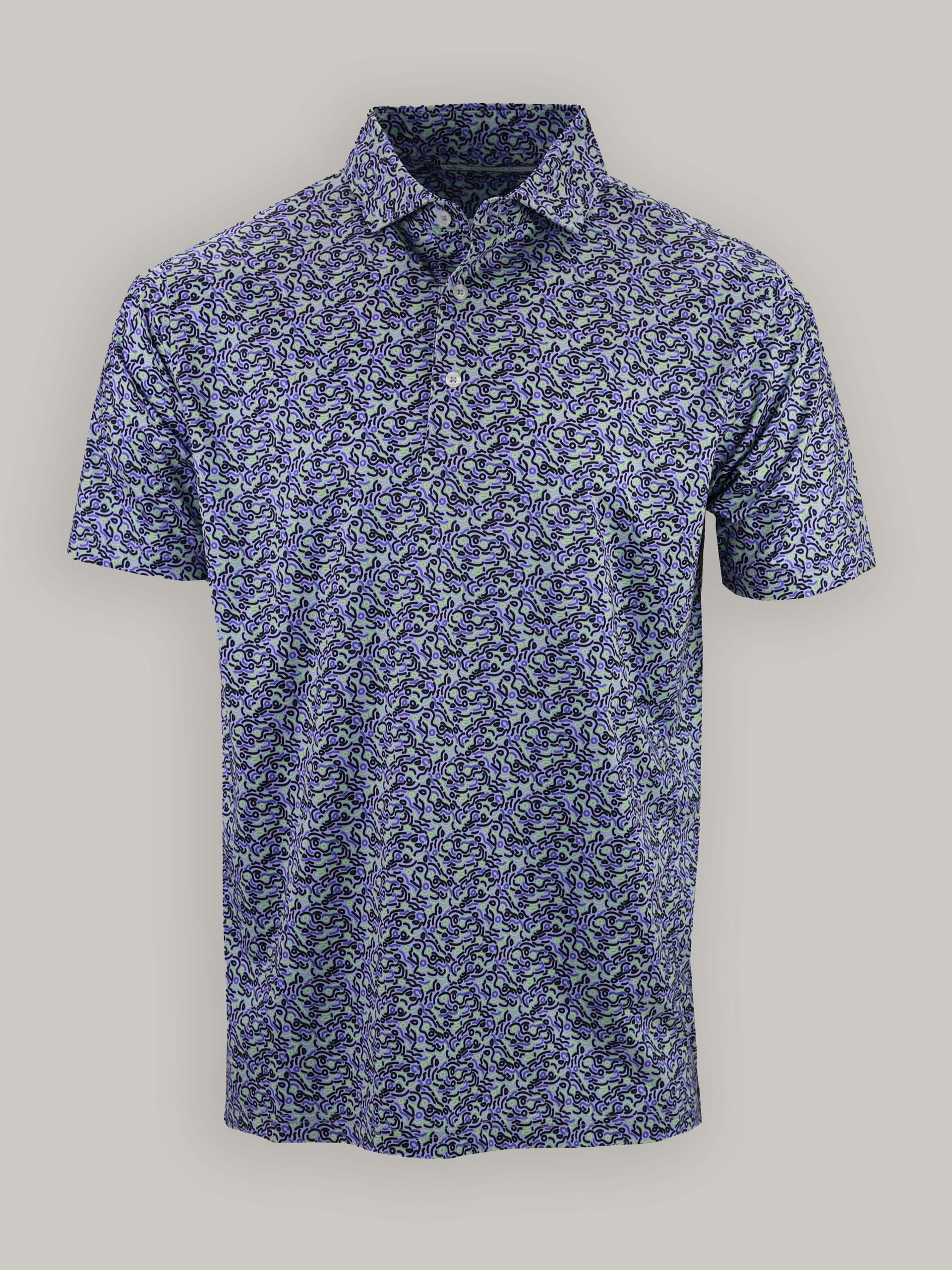 Blue short-sleeve golf polo shirt with intricate abstract pattern. The design features swirling shapes in varying shades, creating a vibrant, dynamic look.