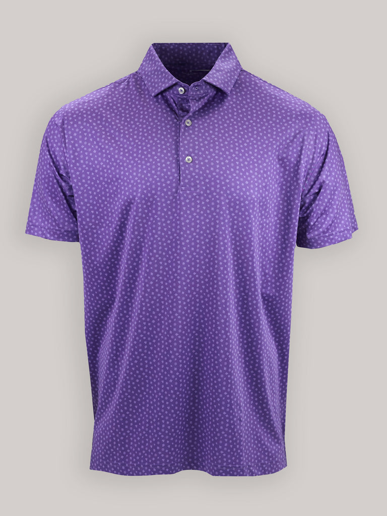Detailed front view of Donald Ross printed golf polo shirt, highlighting the refined novelty pattern, smooth performance material, and tailored athletic fit.
