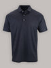 Dark patterned short-sleeve polo shirt displayed on a gray background. The golf shirt features a subtle geometric design and a three-button placket, conveying a sleek, modern style.