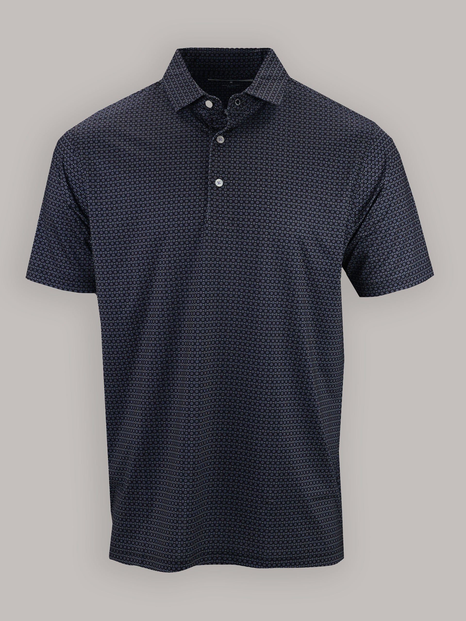 Dark patterned short-sleeve polo shirt displayed on a gray background. The golf shirt features a subtle geometric design and a three-button placket, conveying a sleek, modern style.