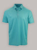 Turquoise short-sleeve polo shirt with a subtle geometric pattern, featuring a classic collar and three button placket, set against a neutral background.