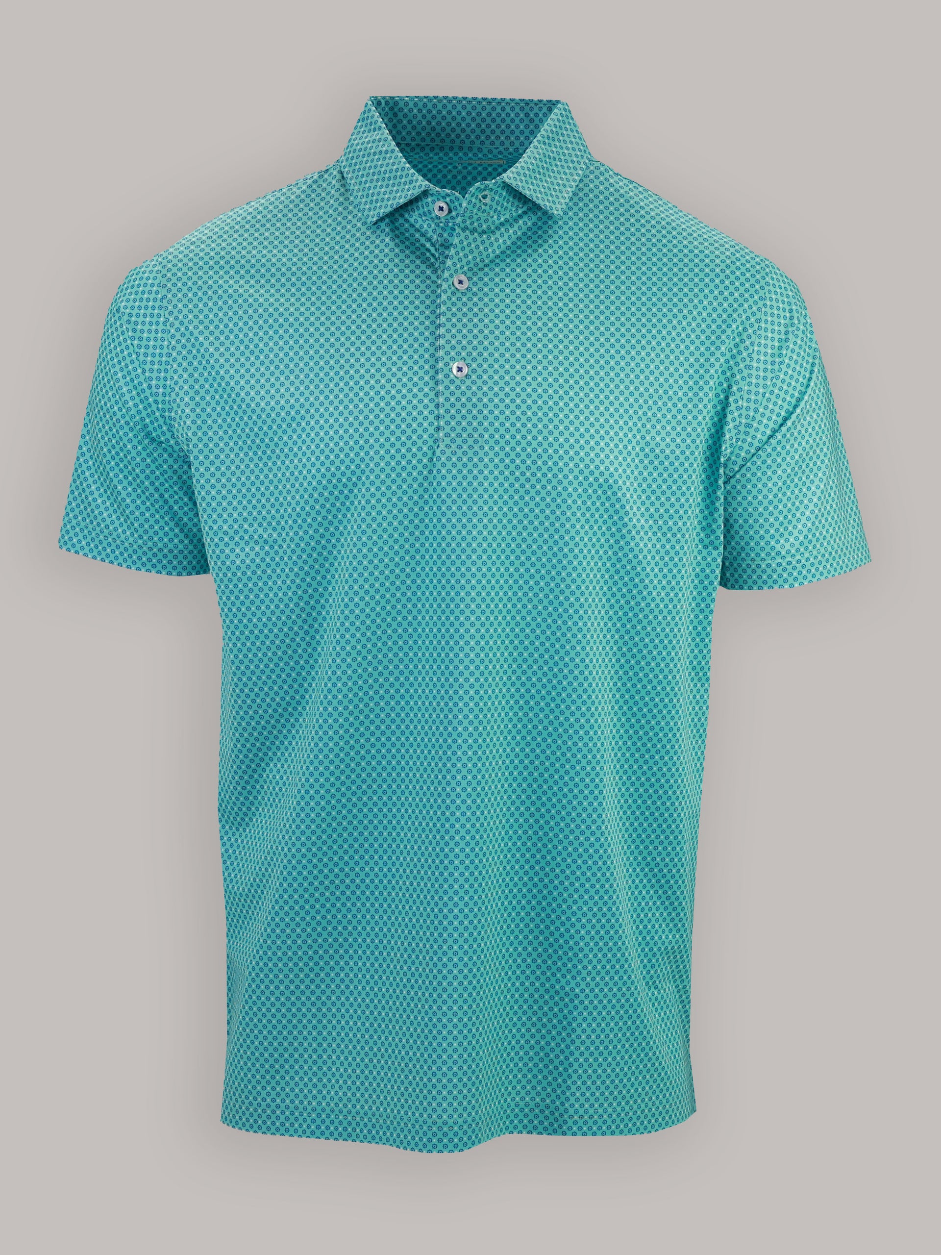 Turquoise short-sleeve polo shirt with a subtle geometric pattern, featuring a classic collar and three button placket, set against a neutral background.