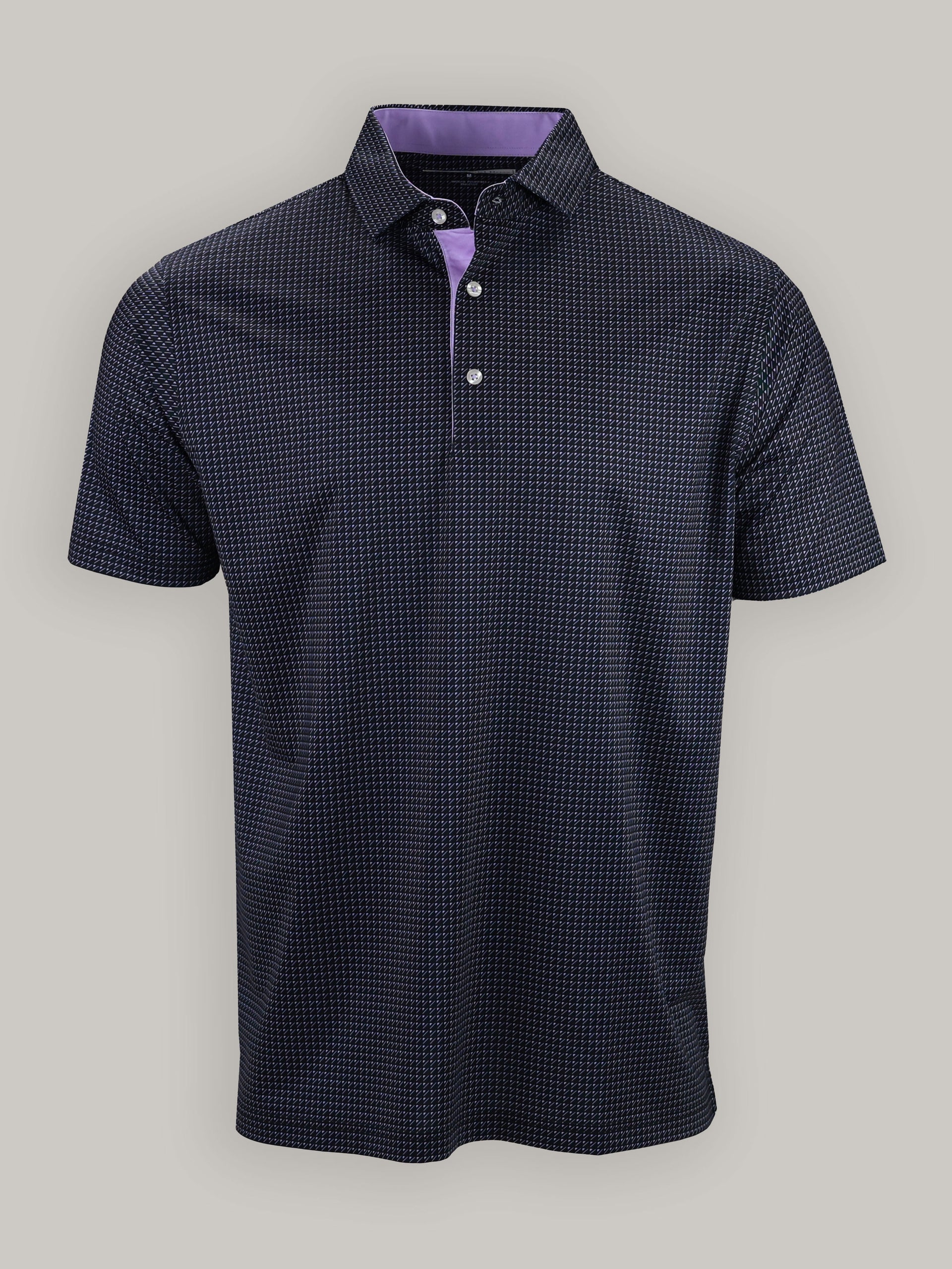 Dark blue patterned polo shirt with a button-up collar and a contrasting light purple inside neckline. The design is modern and stylish, exuding casual elegance.