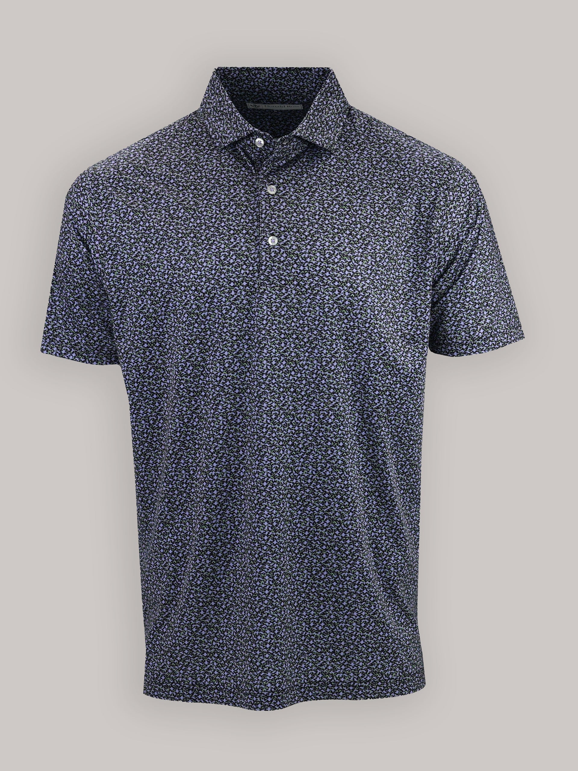 Front view of men’s Donald Ross solid performance polo, showcasing a refined, versatile camouflage design with short sleeves, athletic fit, and premium stretch fabric ideal for golf and casual wear.