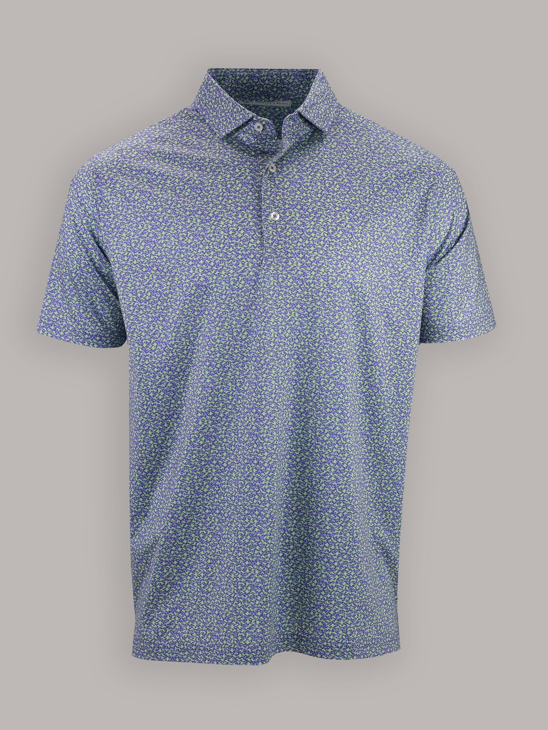Front view of Donald Ross Savannah Camouflage Print polo emphasizing the all-over camouflage design, smooth performance fabric, and golf-ready styling.