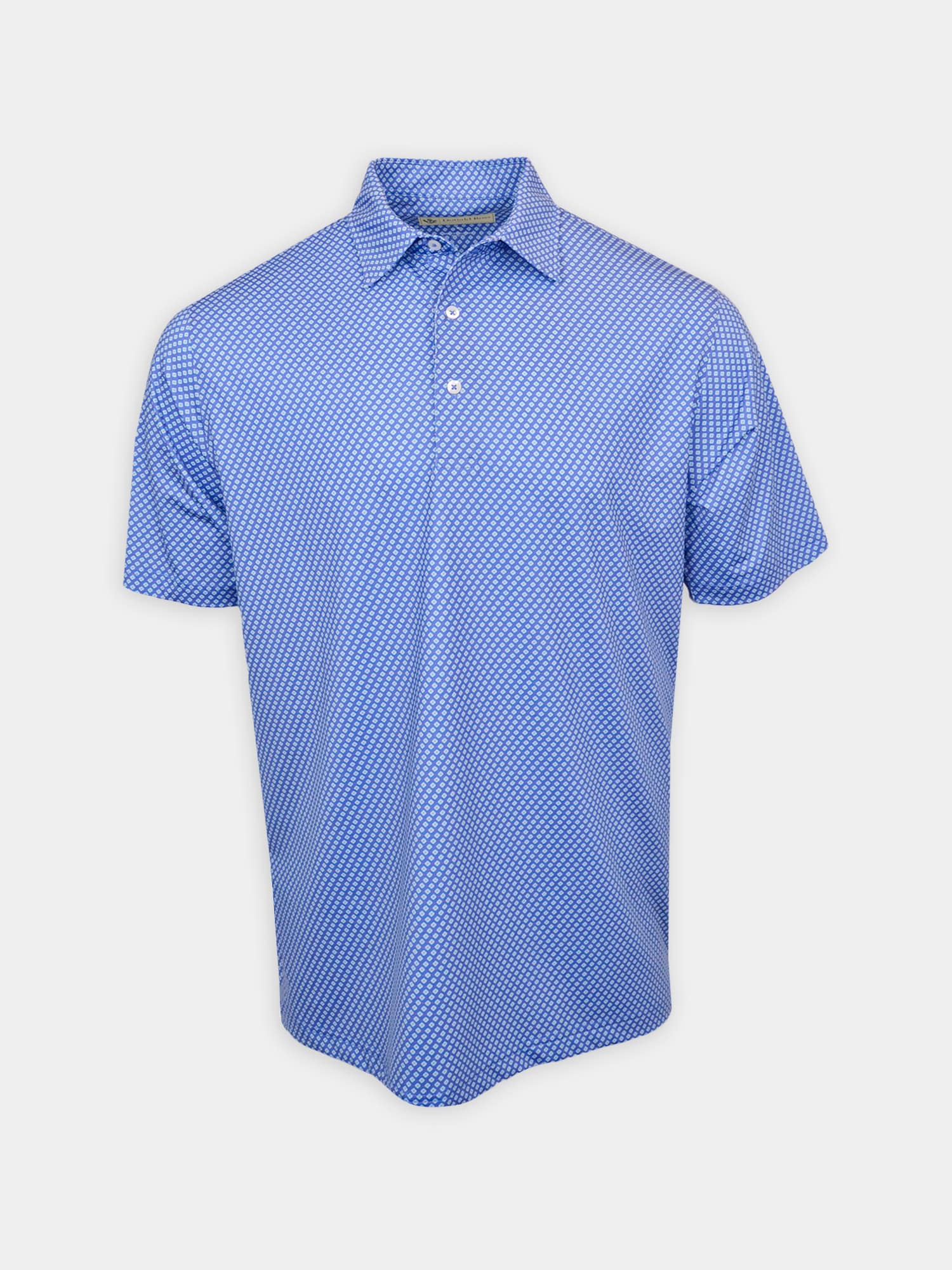 Blue short-sleeve polo shirt with a white floral pattern, featuring a classic collar and three buttons, against a plain white background.