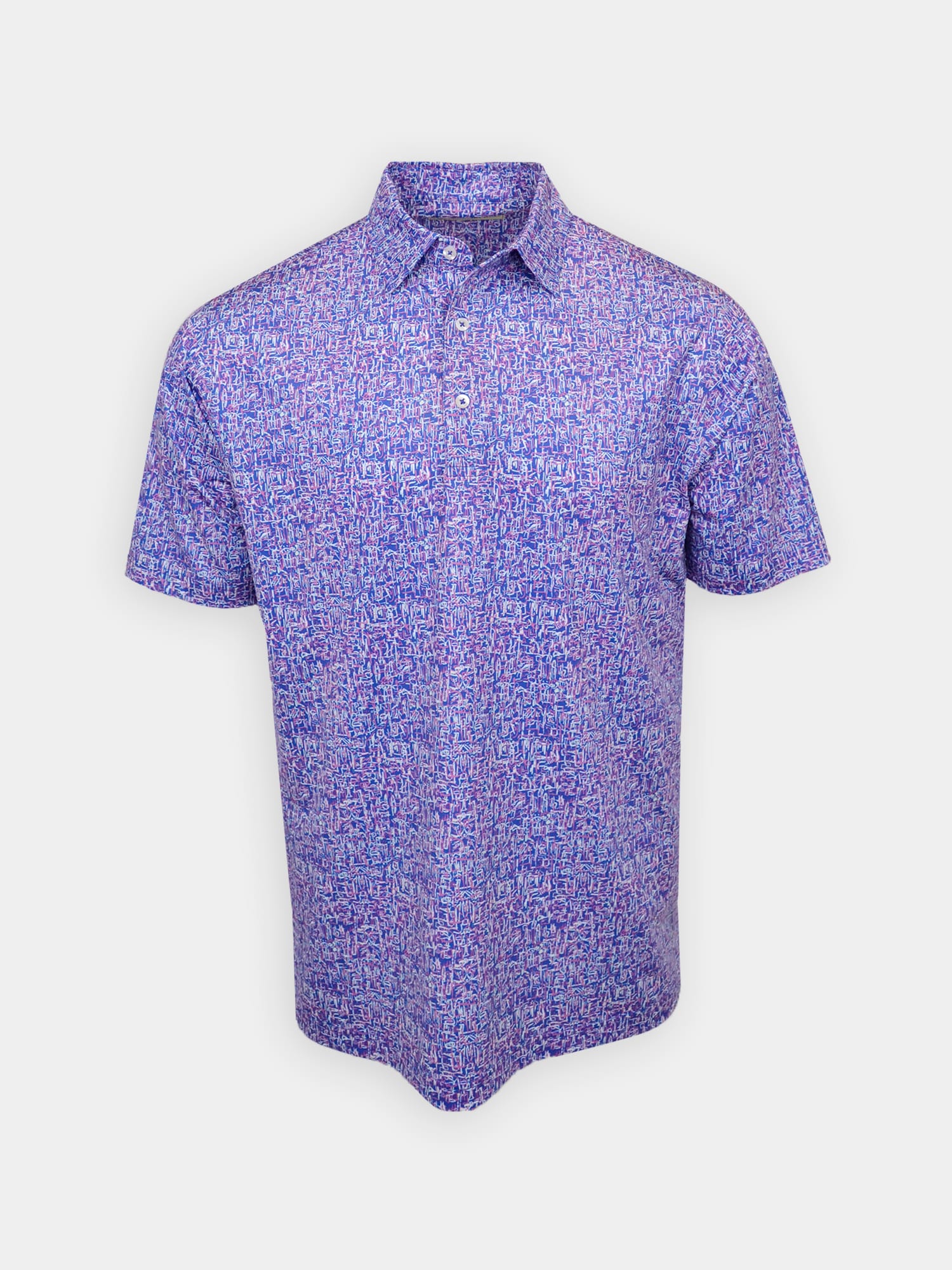 A short-sleeved, button-up golf polo shirt with a blue and pink doodle pattern