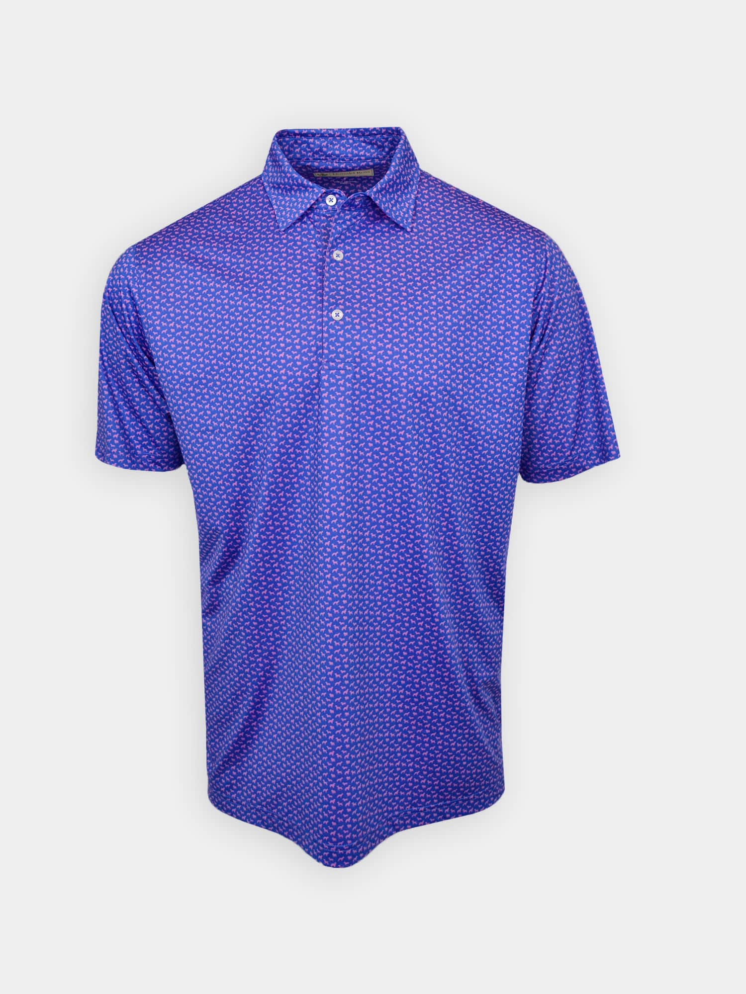Blue patterned polo shirt with a print of small dog breeds, featuring a collar and three buttons. The shirt is displayed against a plain white background.