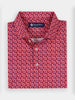 Folded red and white balloon patterned polo shirt with a collar and three white buttons
