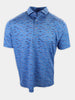 Blue polo shirt with a pattern of various boats printed throughout.