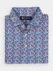 Short-sleeved polo shirt with a vibrant blue, red, and white summery pattern featuring beach party items