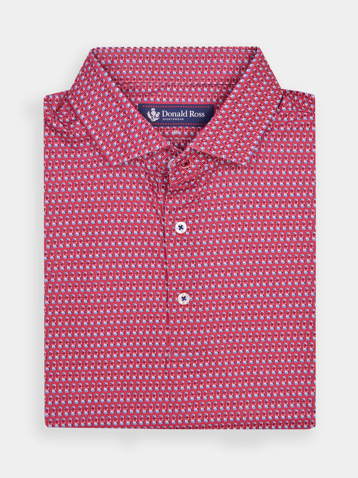 Red patterned button-up shirt with a small repeating geometric design, featuring white buttons