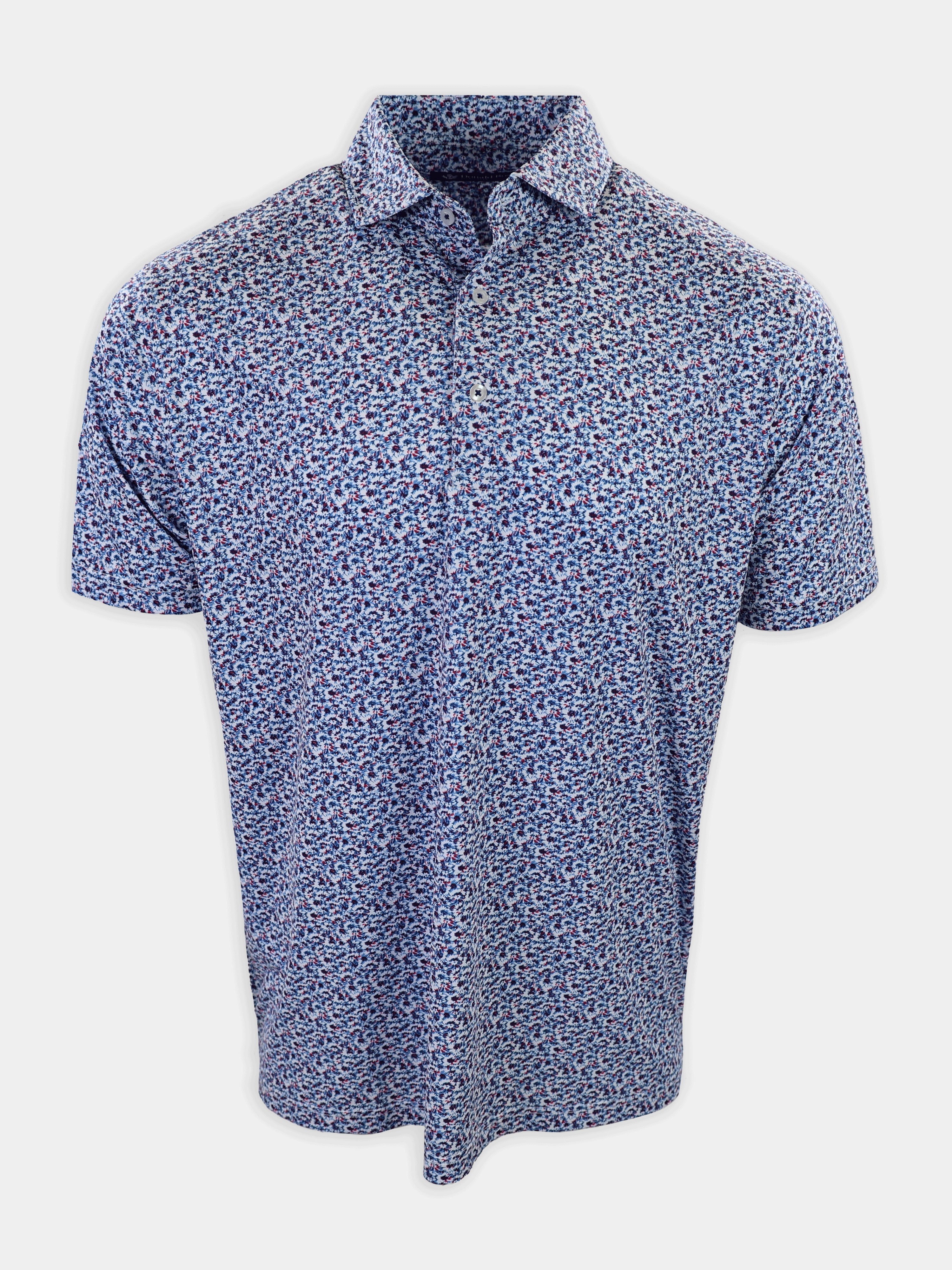Short-sleeved, collared shirt with a blue and white floral pattern is displayed upright against a plain background.