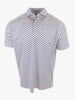 White short-sleeved shirt with a geometric blue and red pattern on a plain background.