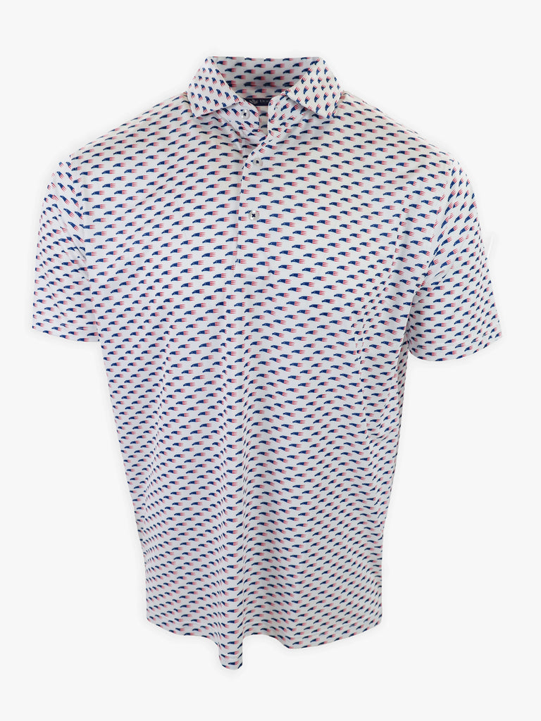 White short-sleeved shirt with a geometric blue and red pattern on a plain background.
