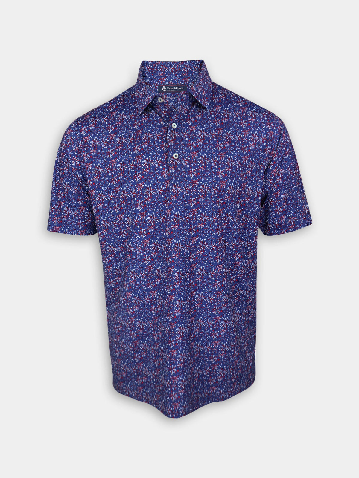 Men's short-sleeved golf polo shirt featuring a vibrant patriotic fireworks pattern