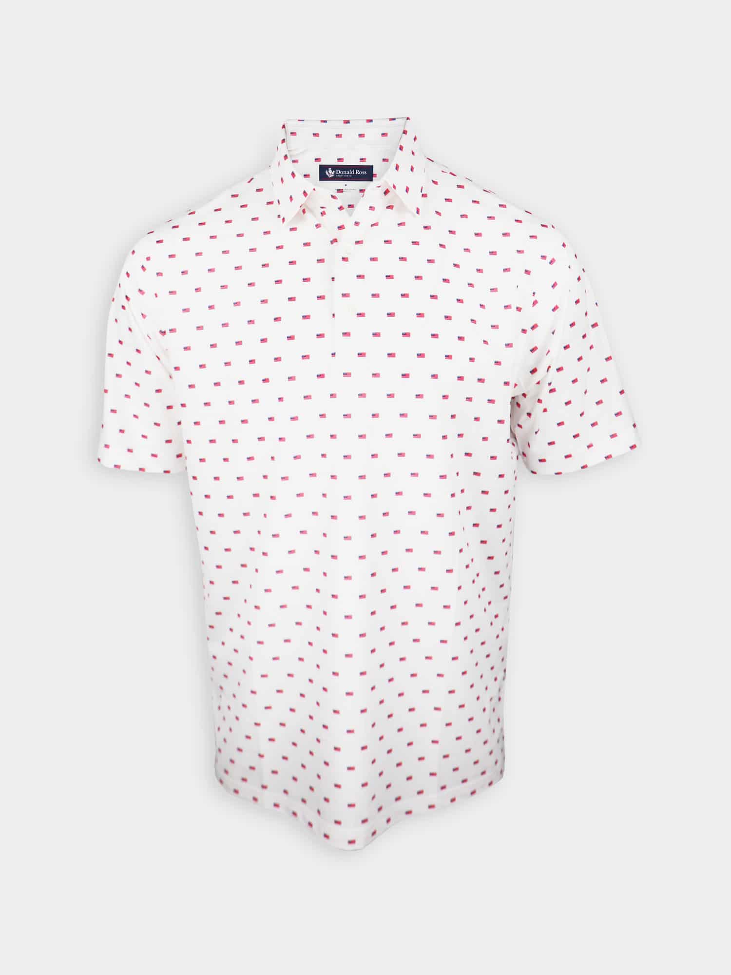 Men's white polo shirt adorned with American flags, showcasing a playful and stylish design.