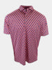 Short-sleeved polo shirt featuring a repeating pattern of small American flags on a pink background.