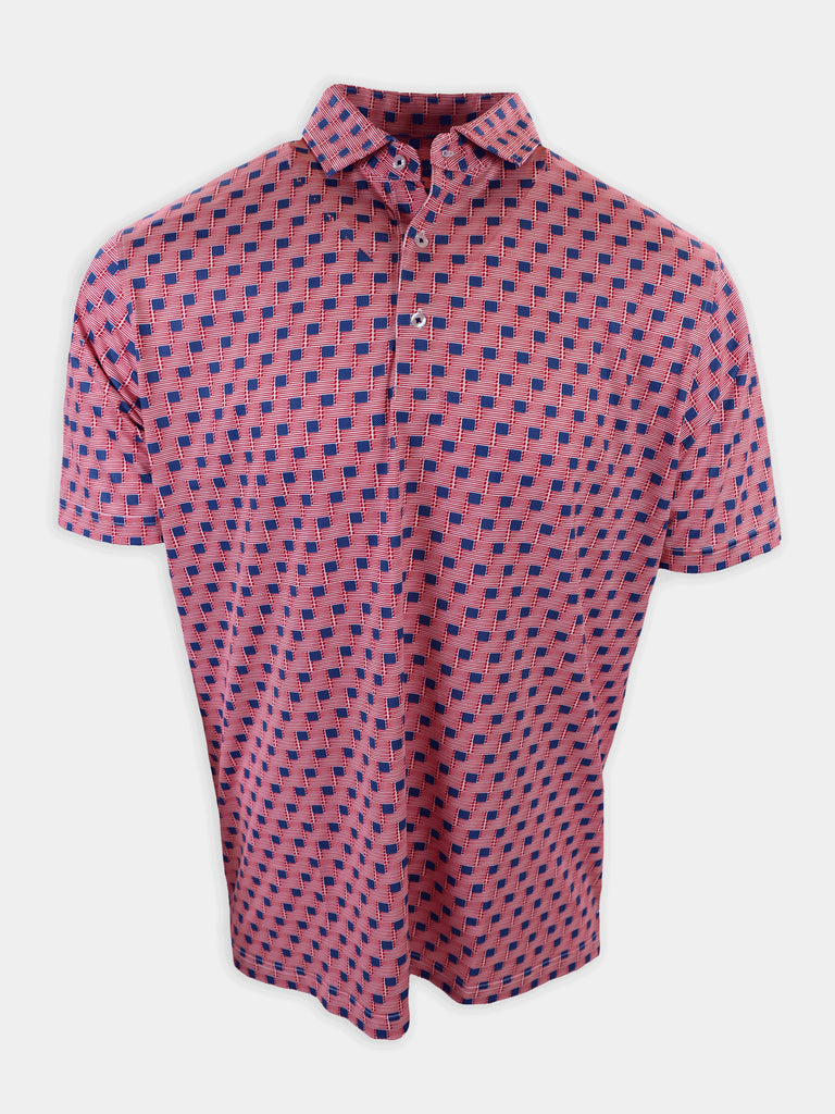 Short-sleeved polo shirt featuring a repeating pattern of small American flags on a pink background.