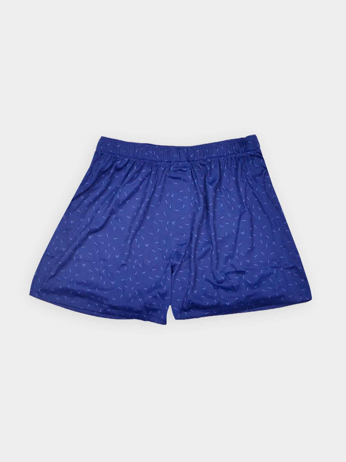 Dark blue boxer shorts with a subtle white golf tee pattern, elastic waistband, and a loose, comfortable fit