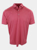 Short-sleeved polo shirt in a red pattern with a collared neckline and three buttons.