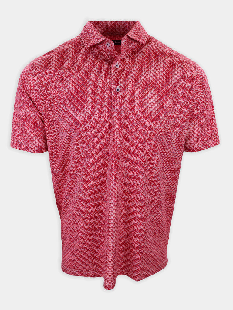 Short-sleeved polo shirt in a red pattern with a collared neckline and three buttons.