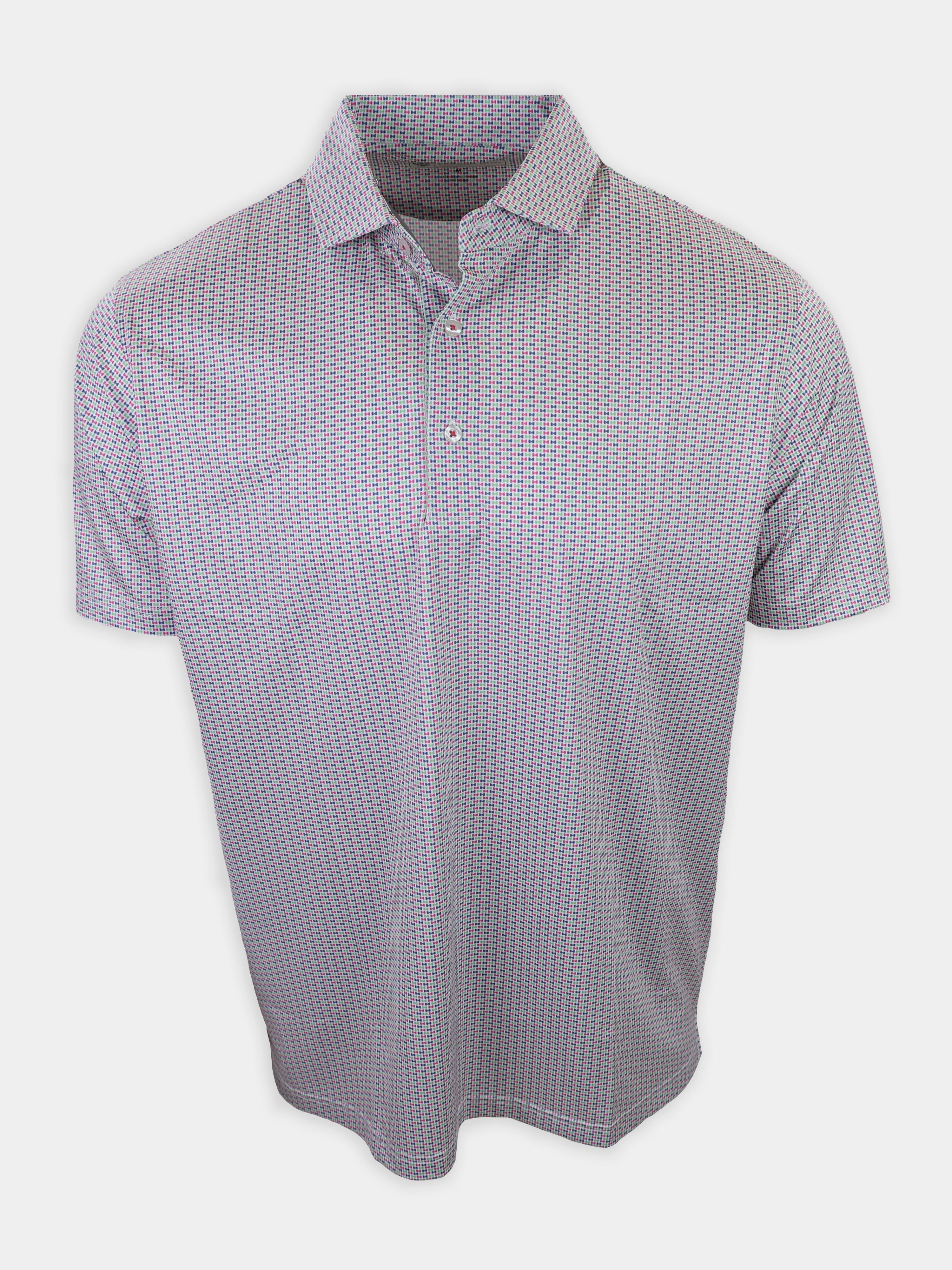 Short-sleeved button-up shirt with a multi-colored geometric pattern displayed against a neutral background.