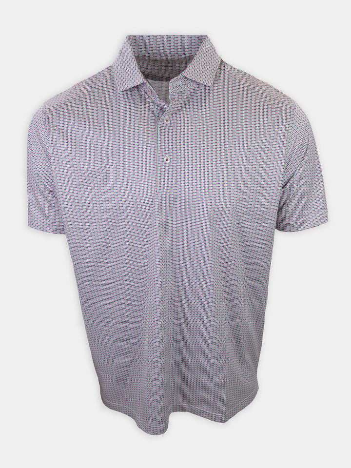 Short-sleeved button-up shirt with a multi-colored geometric pattern displayed against a neutral background.