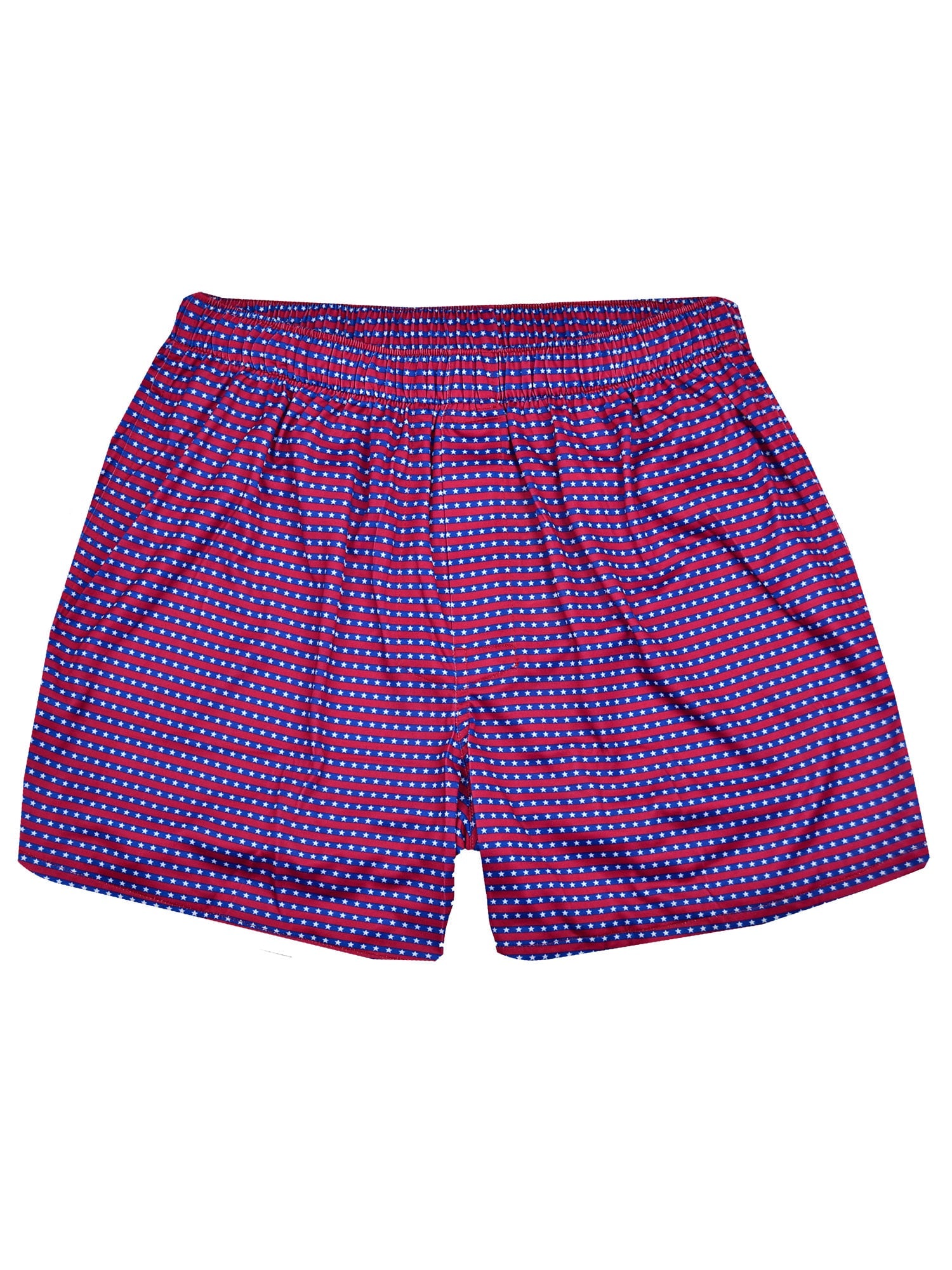 Purple boxer shorts with a repeating pattern of small white polka dots, featuring an elastic waistband and a relaxed fit