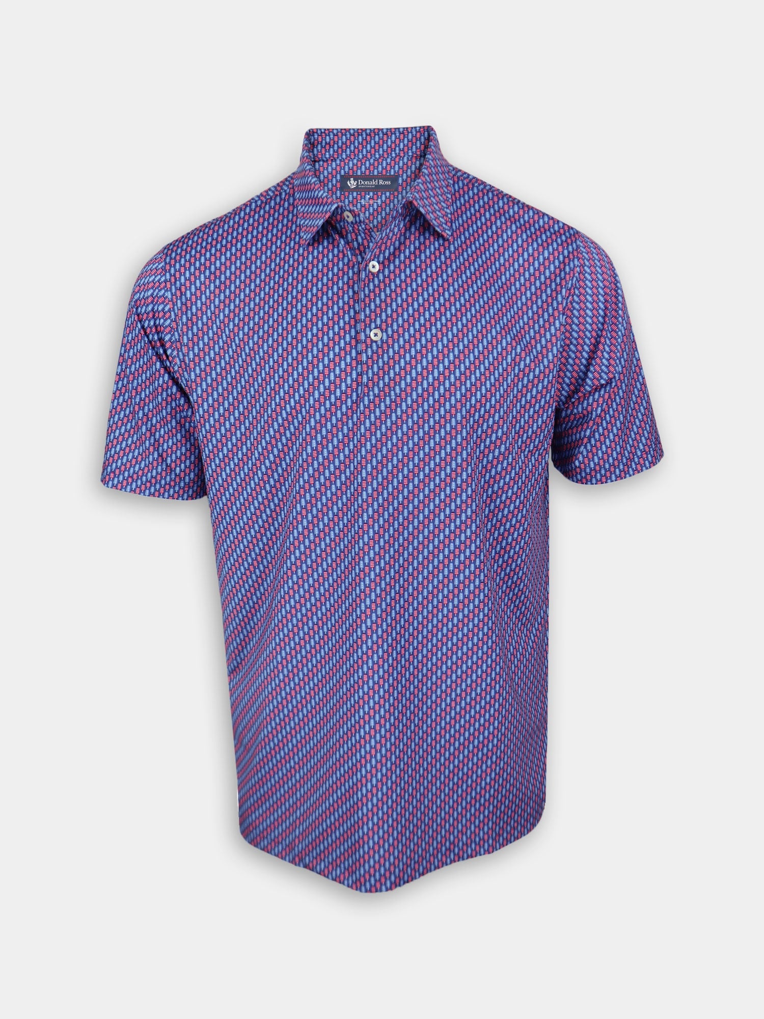 Short-sleeved polo shirt with a vibrant blue and red popsicle pattern, featuring a collar and three buttons, set against a plain white background.