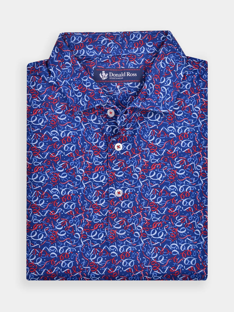 Blue golf polo shirt with a vibrant abstract pattern of red and white ribbons