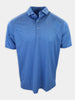 Blue short-sleeve polo shirt with a patterned design featuring small figures.