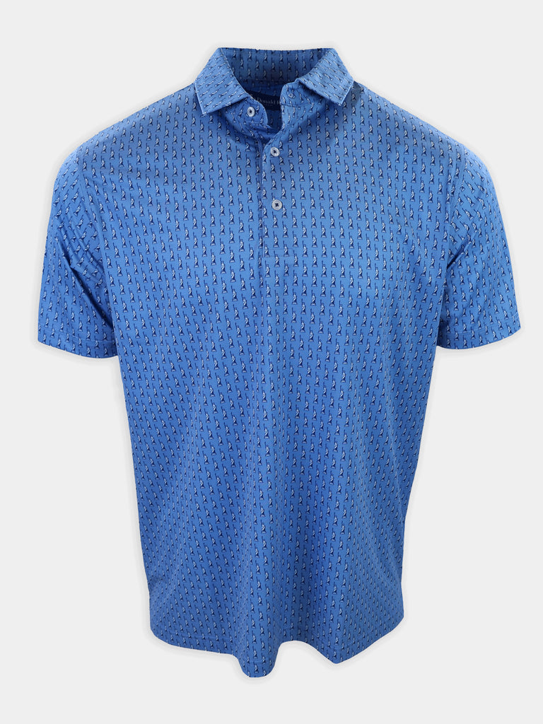 Blue short-sleeve polo shirt with a patterned design featuring small figures.