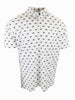 Short-sleeve polo shirt featuring a white background with a pattern of small flags in green, black, and red.