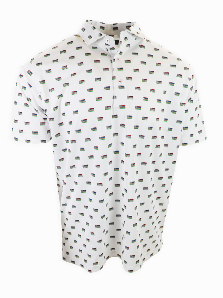 Short-sleeve polo shirt featuring a white background with a pattern of small flags in green, black, and red.