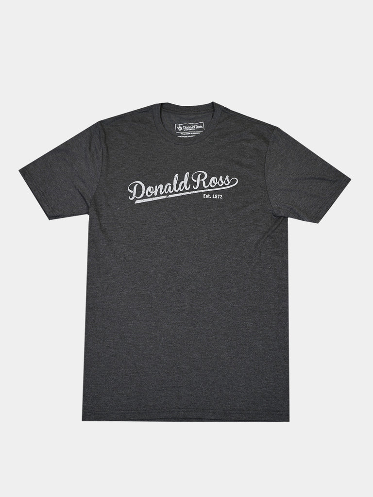 Dark gray T-shirt with "Donald Ross Est. 1872" in white, script font on the front. The tee is laid flat.