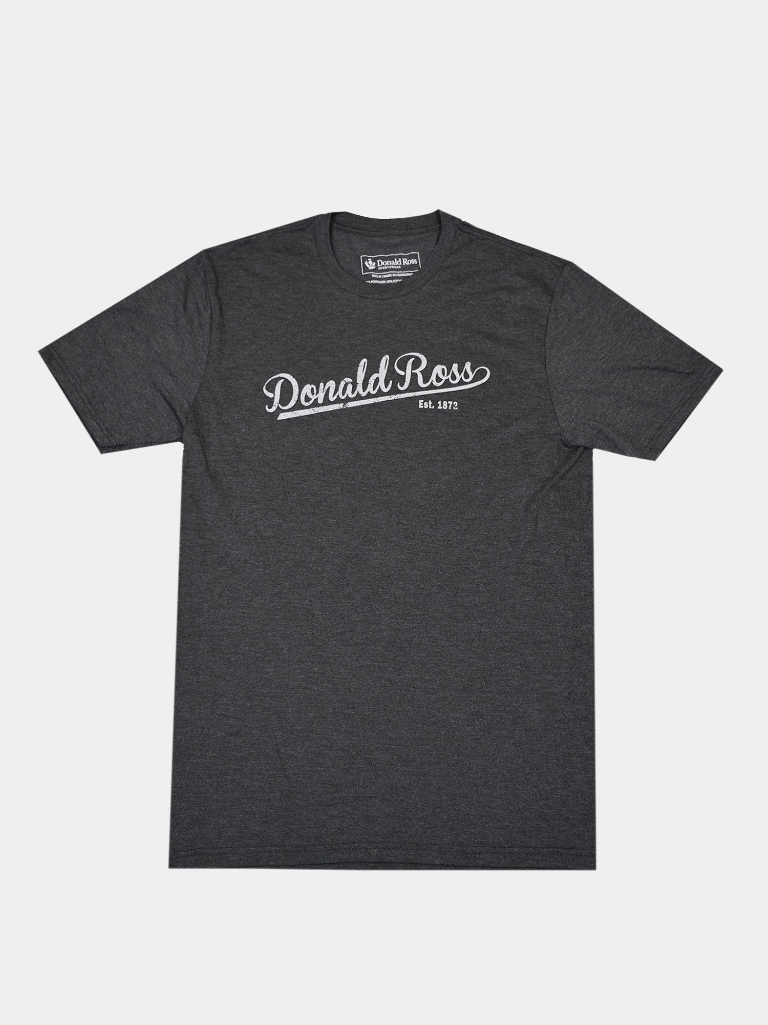 Dark gray T-shirt with "Donald Ross Est. 1872" in white, script font on the front. The tee is laid flat.