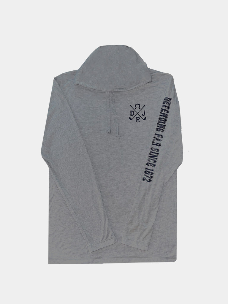 Gray long-sleeve hoodie with a drawstring hood. Features a small emblem on the chest and "Defending Far Since 1972" text down the left sleeve.
