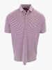 Short-sleeved polo shirt with alternating red and blue horizontal stripes.