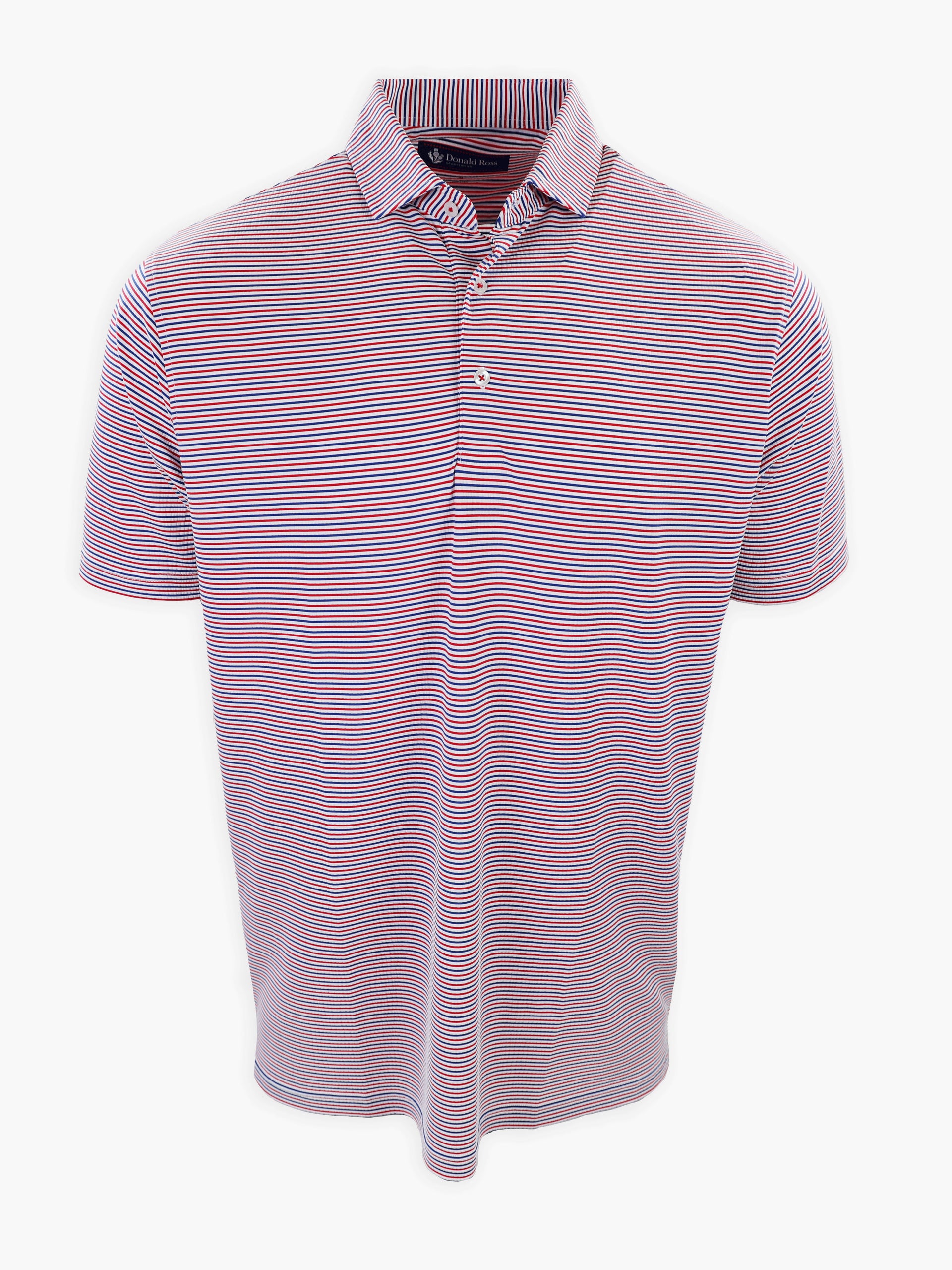Short-sleeved polo shirt with alternating red and blue horizontal stripes.