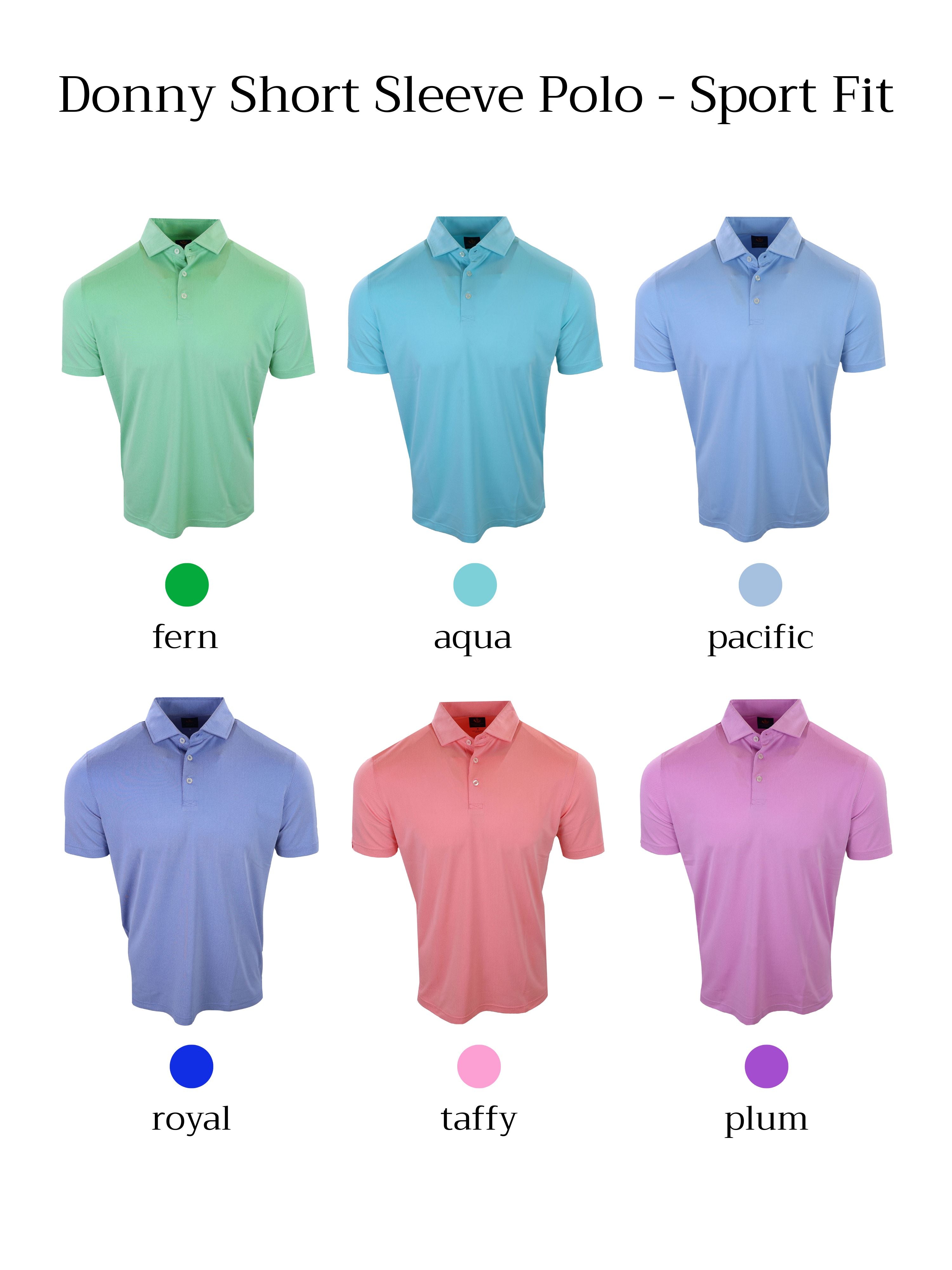 Six short sleeve polo shirts in various colors, arranged in two rows with labels indicating their names, displayed against a plain background.