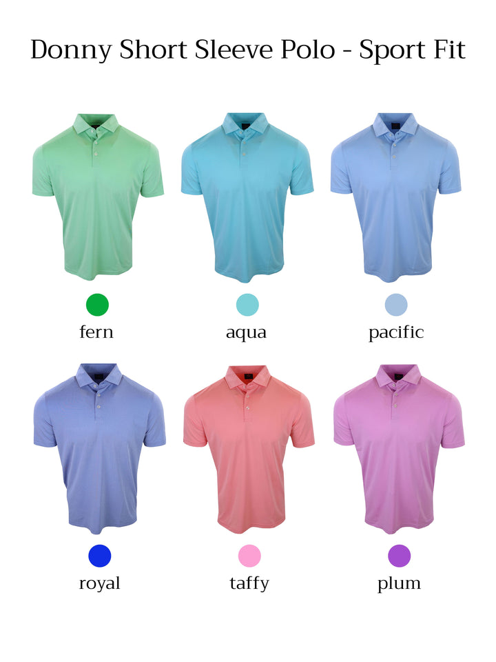 Six short sleeve polo shirts in various colors, arranged in two rows with labels indicating their names, displayed against a plain background.