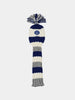 Knitted golf club headcover with alternating blue, white, and gray stripes. Features a pom-pom on top and an embroidered logo in the center.