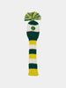 Knit golf club head cover in green, white, and yellow stripes with a pom-pom top. Logo in front