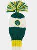 Green and white knit golf club headcover with yellow, green, and white pom-pom top