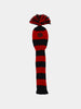 Red and black striped knitted golf club cover with a pom-pom at the top and an emblem featuring crossed golf clubs. The cover conveys a sporty and classic tone.