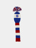 Knitted golf club head cover with red, white, and blue stripes. Features a pom-pom on top and a logo in the center