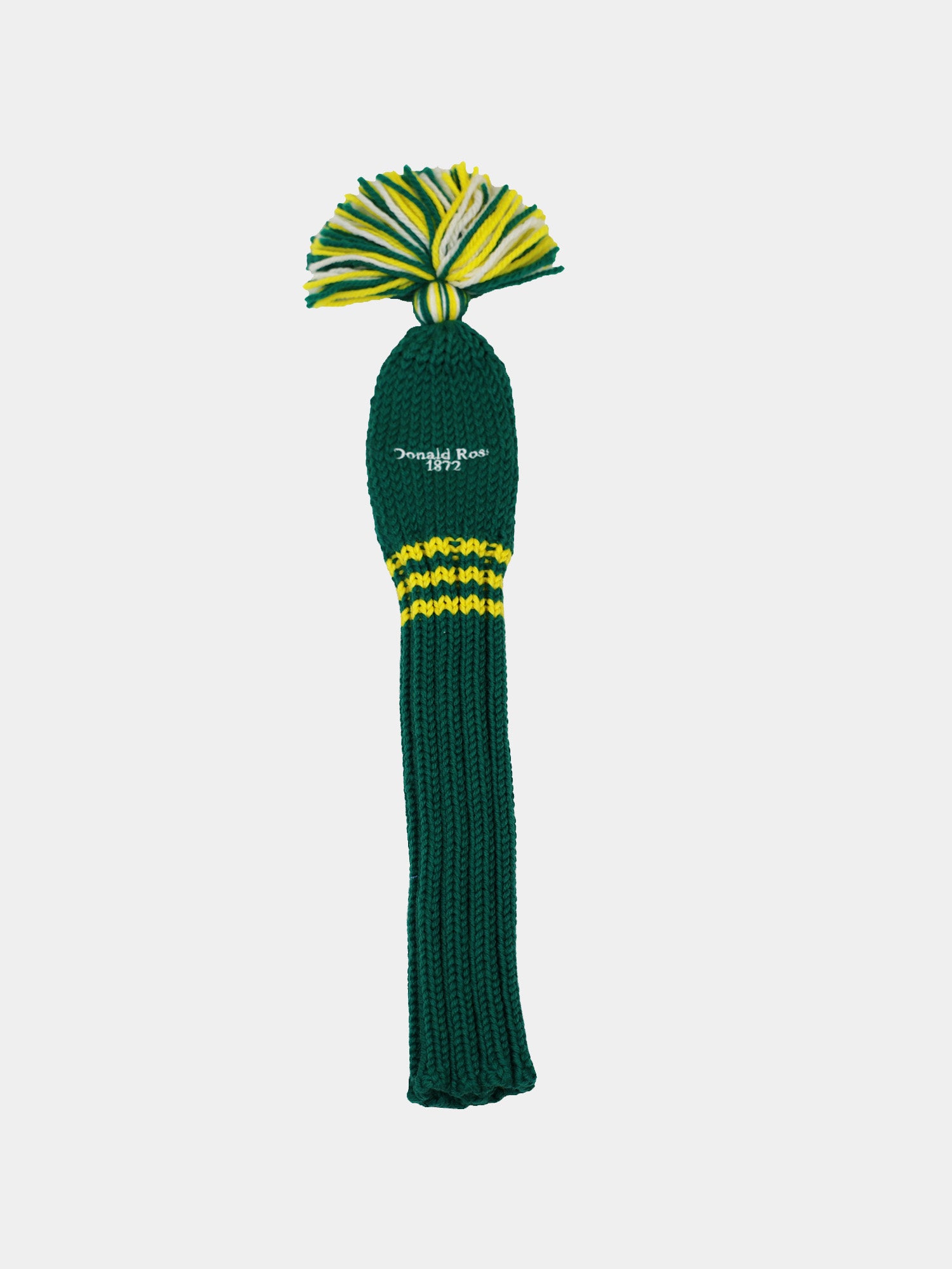 Green knit golf club head cover with yellow accents and a multi-colored pom-pom top. "Donald Ross 1872" embroidered on the upper section.