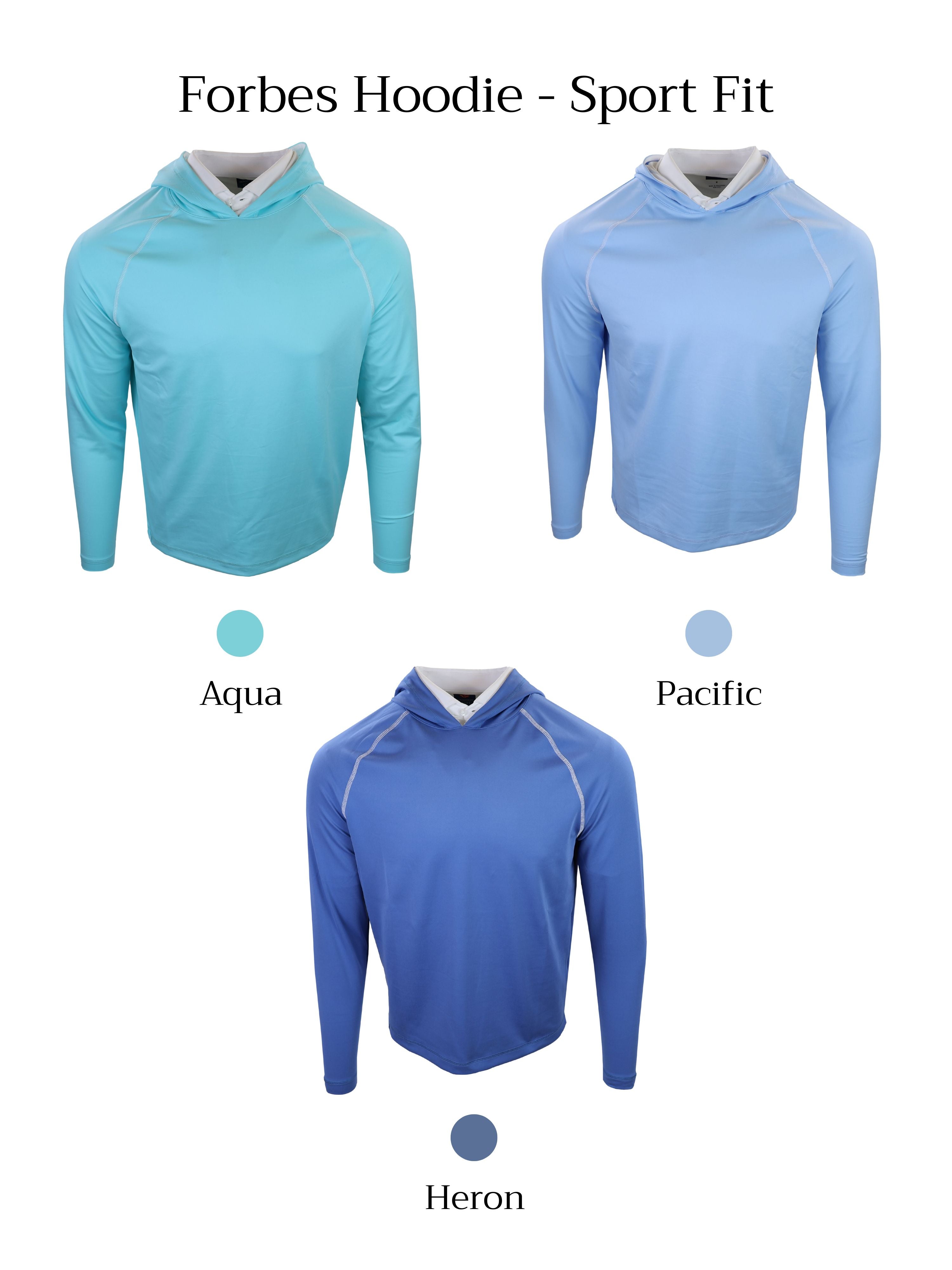 Three sport-fit hoodies displayed, one in aqua, one in light blue, and one in dark blue, each with a front-facing view and a hood.